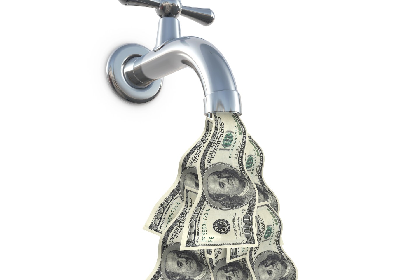 100 US dollar bills flowing out of a facet