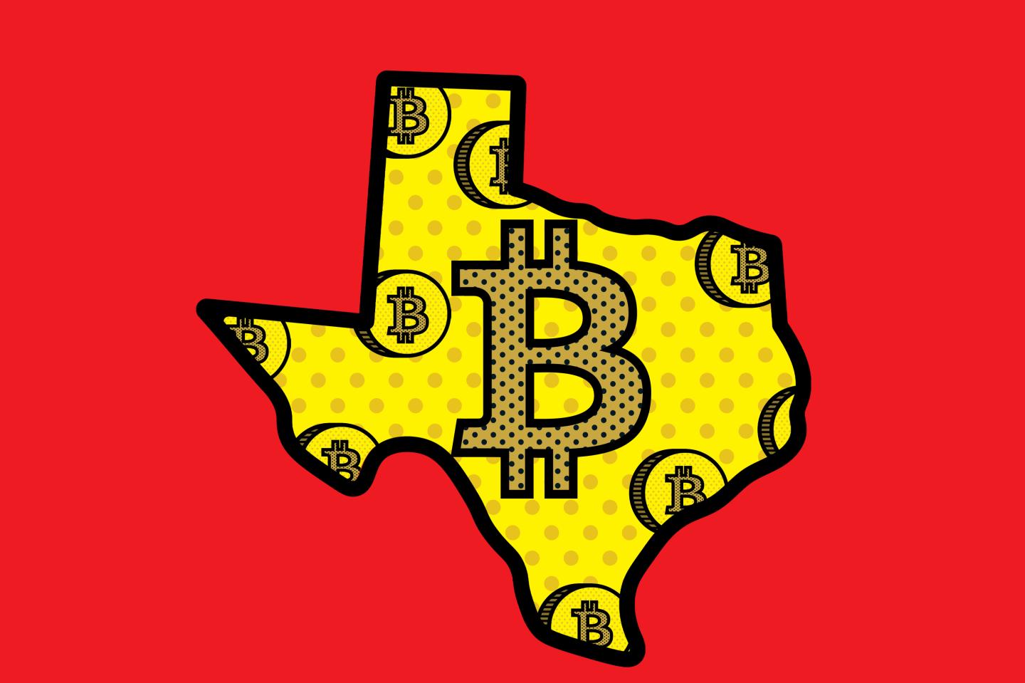 Photo Illustration of Bitcoin logo across Texas state map.