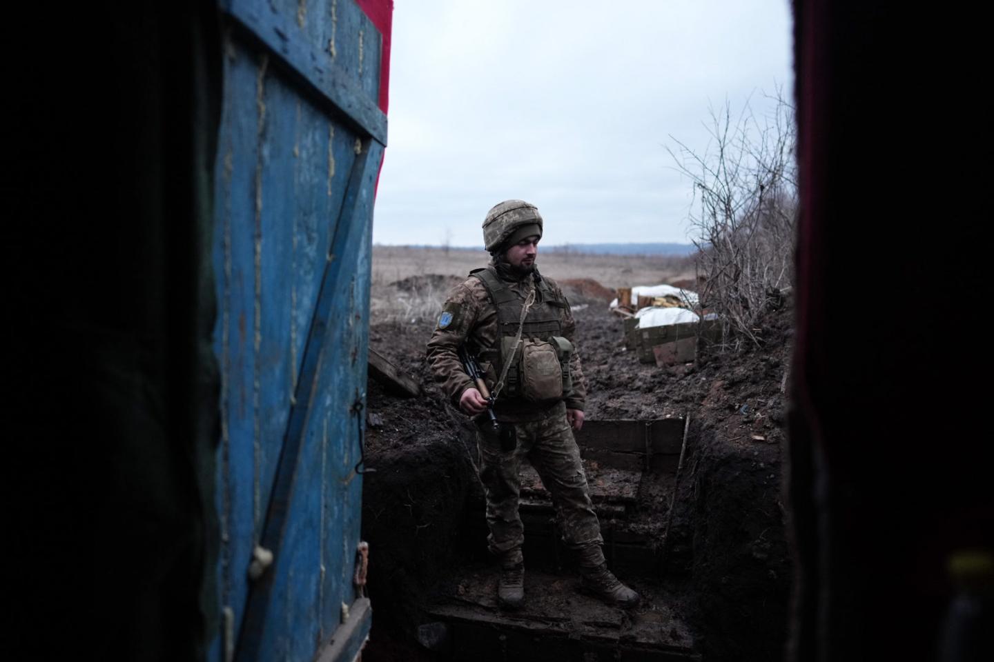 A Ukrainian soldier is seen in Svitlodarsk, Ukraine