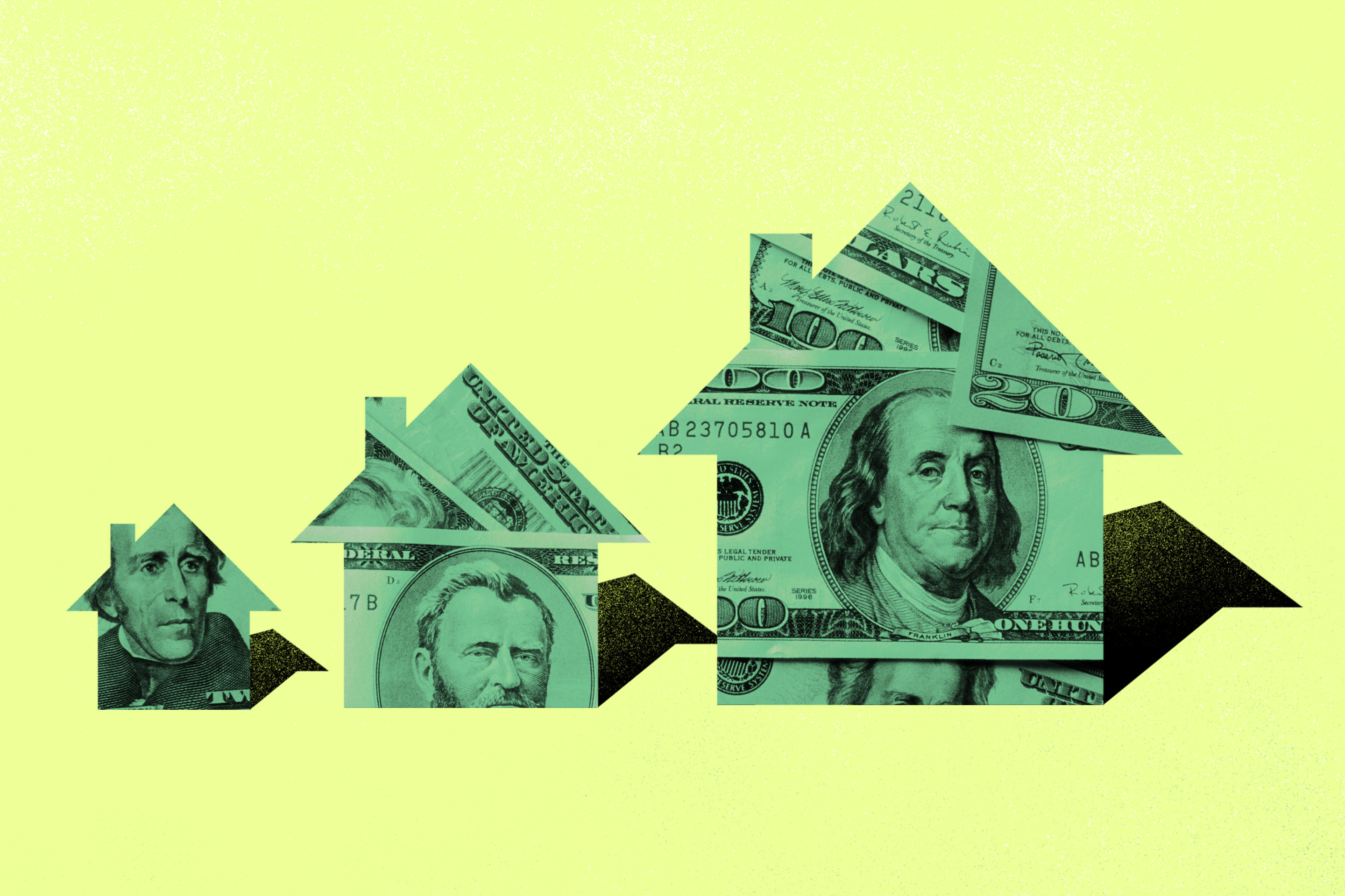 Arrow shaped houses made out of money