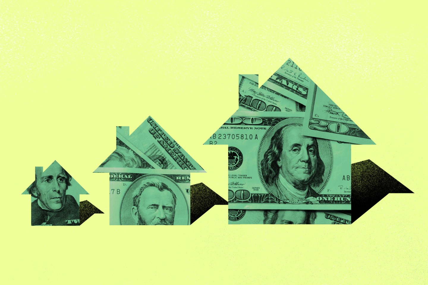 Arrow shaped houses made out of money