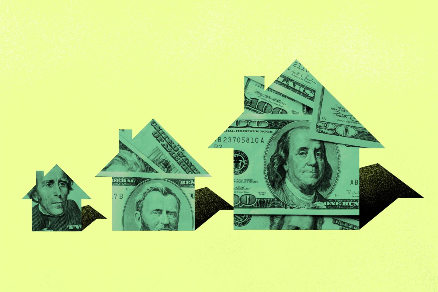 Arrow shaped houses made out of money