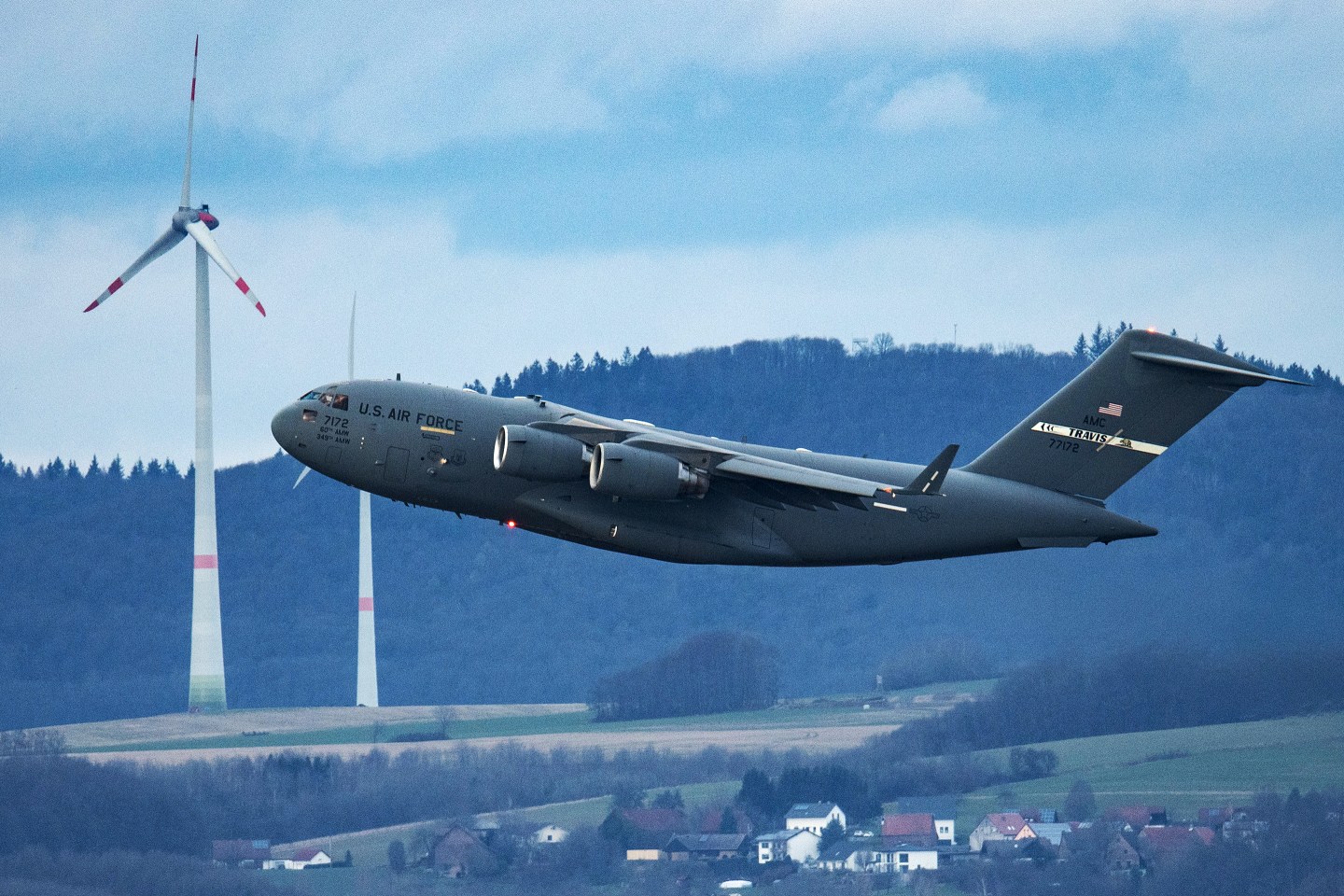 A U.S. military aircraft takes off from the U.S. airbase in Ramstein, Germany.