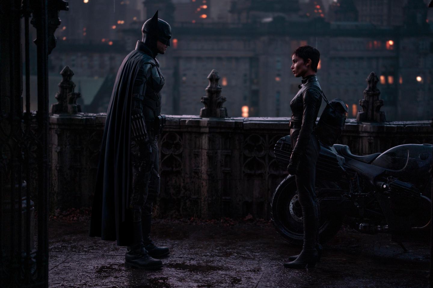 This image released by Warner Bros. Pictures shows Robert Pattinson, left, and Zoe Kravitz in a scene from "The Batman."