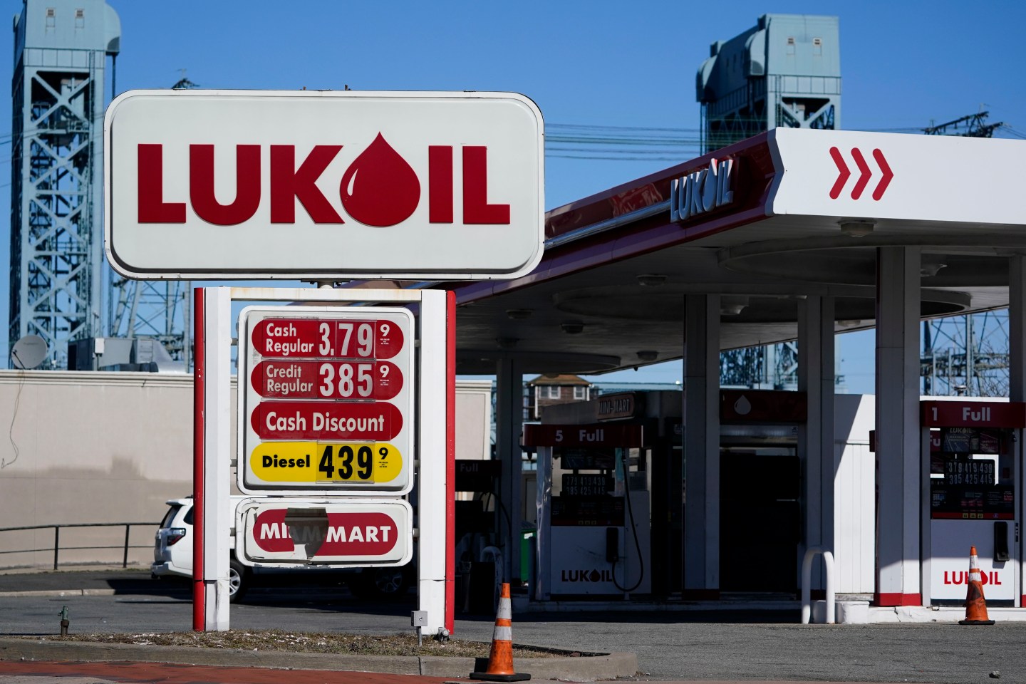 A Lukoil gas station sits in Newark, N.J., Thursday, March 3, 2022. Outraged by the invasion of Ukraine, the Newark City Council voted unanimously Wednesday to suspend the service stations’ operating licenses, citing Lukoil’s base in Moscow. In doing so, however, they may have predominantly been hurting Americans.