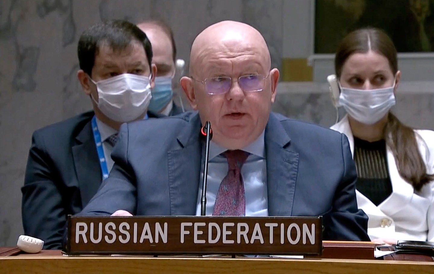 Russian Ambassador to the United Nations Vasily Nebenzya speaks during a Security Council meeting, Friday, March 11 at UN headquarters. The Russian request for the Security Council meeting followed a U.S. rejection of Russian accusations that Ukraine is operating chemical and biological labs with U.S. support.