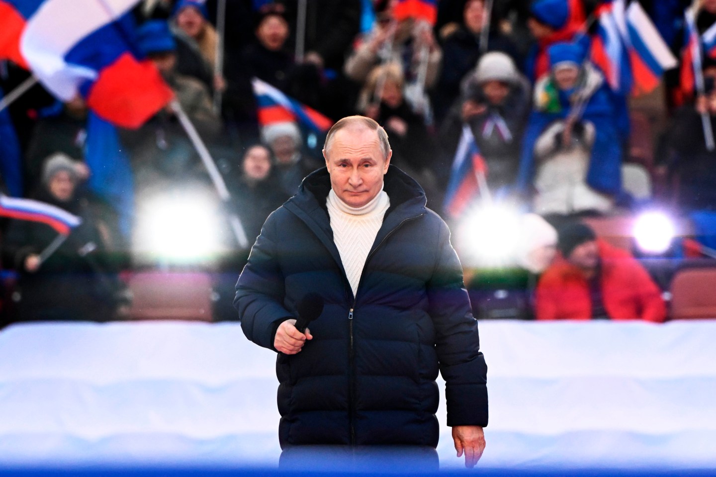 Russian President Vladimir Putin delivers his speech at a concert marking the eighth anniversary of the referendum on the state status of Crimea and Sevastopol and its reunification with Russia, in Moscow, Russia, Friday, March 18.