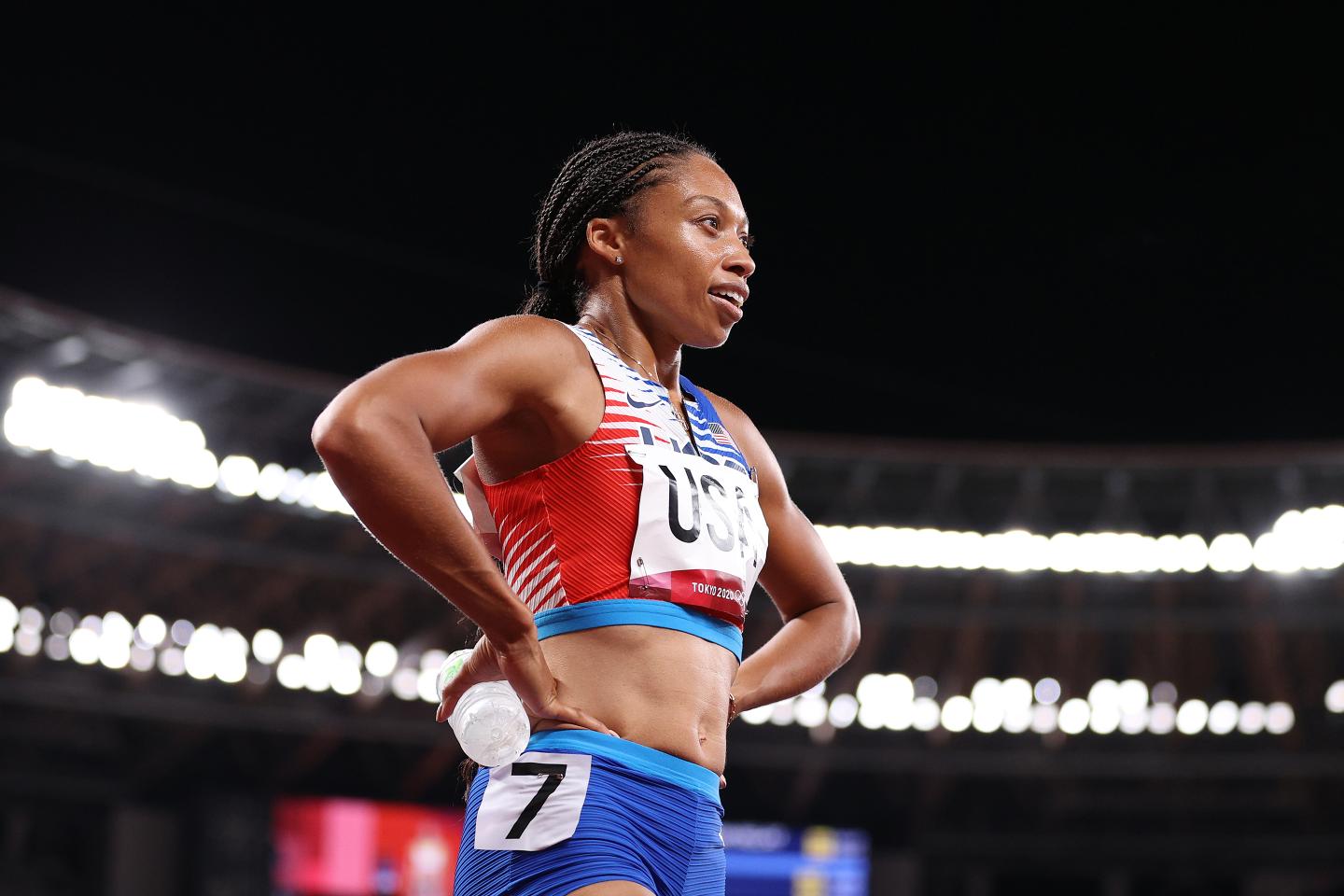 Allyson Felix of Team United States reacts after winning the gold medal in the Tokyo 2020 Olympic Games.