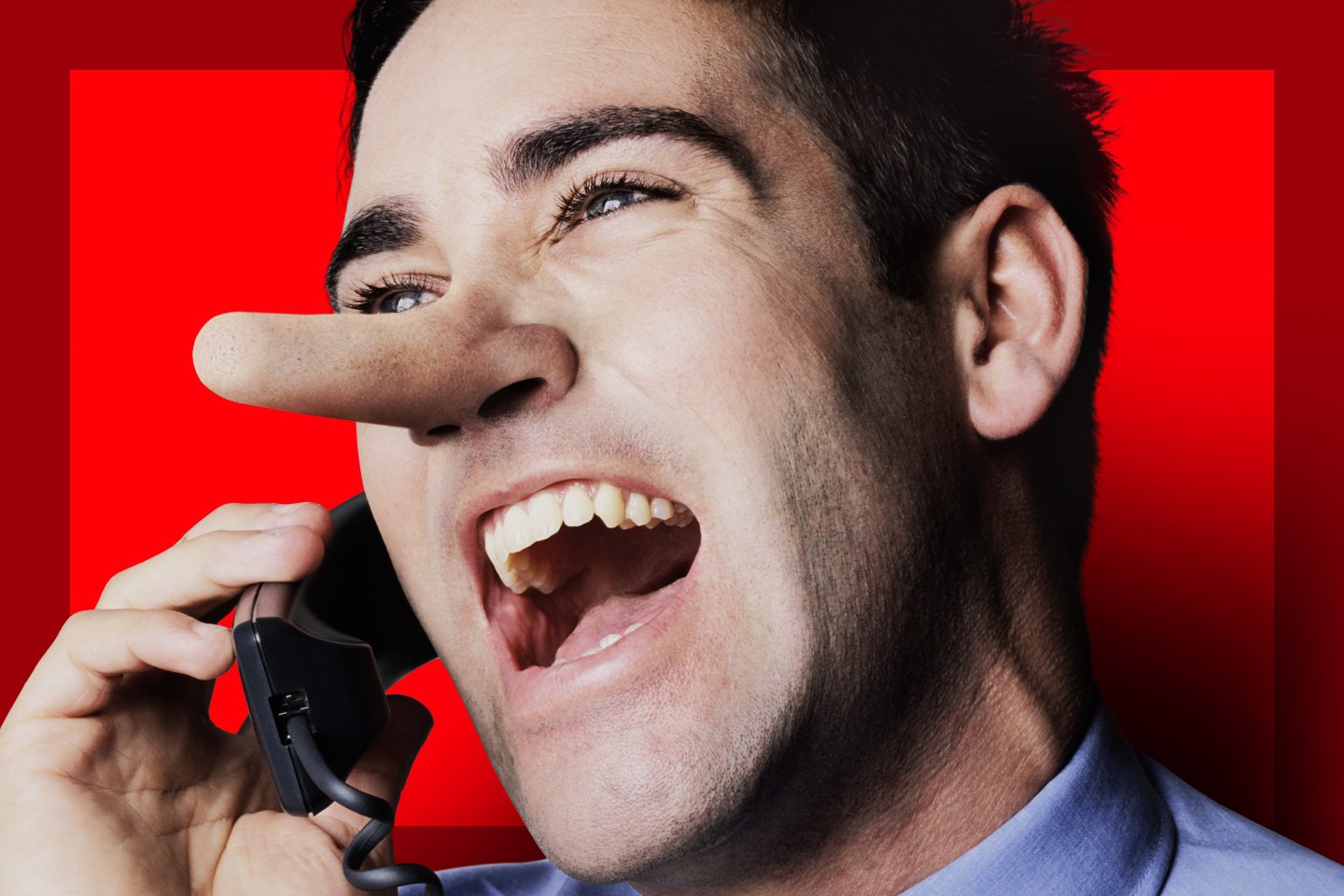 Man on the phone, with nose growing as he speaks