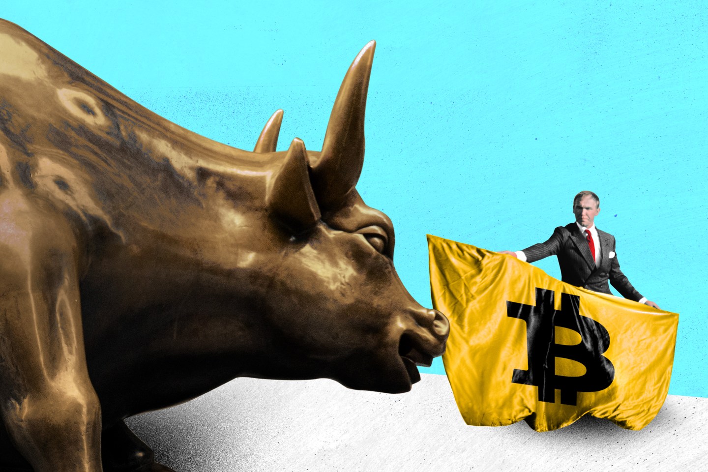 Wall Street Bull sculpture drawn in by Crypto cape