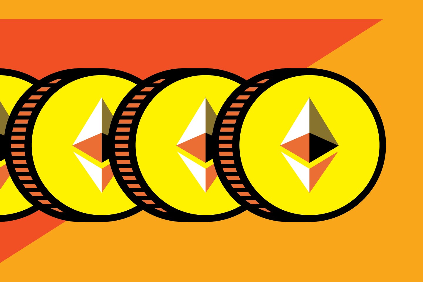 Collection of Ethereum coins on an orange background.