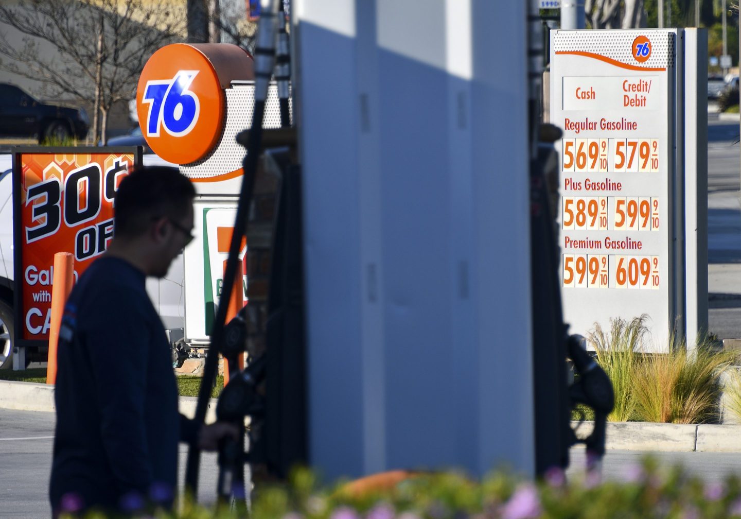A man pumps his gas in Garden Grove, CA.