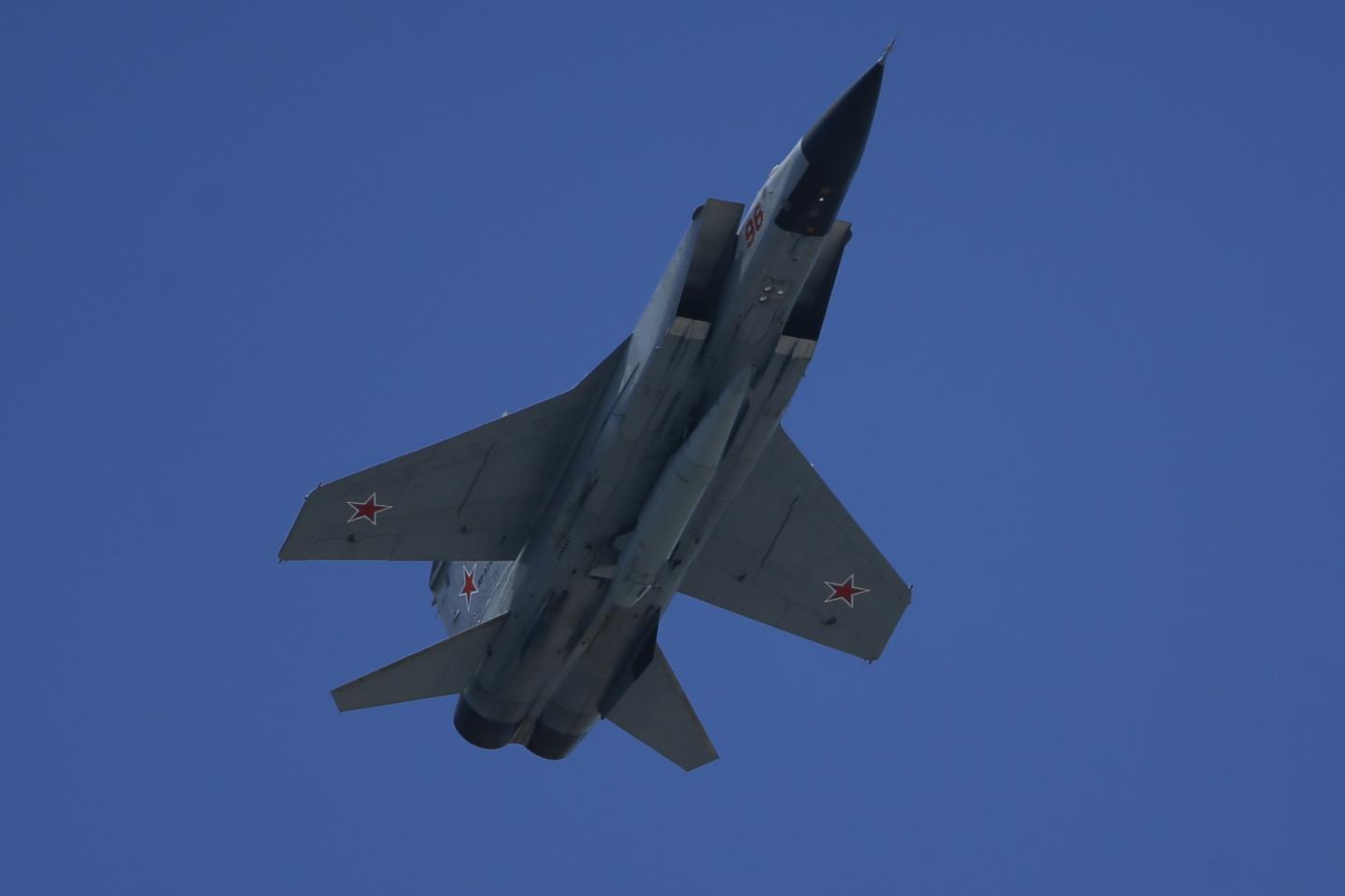 MIG-31k fighter jet, with Kinzhal missile system, performs during Victory Day in Red Square in Moscow, Russia on June 24, 2020.