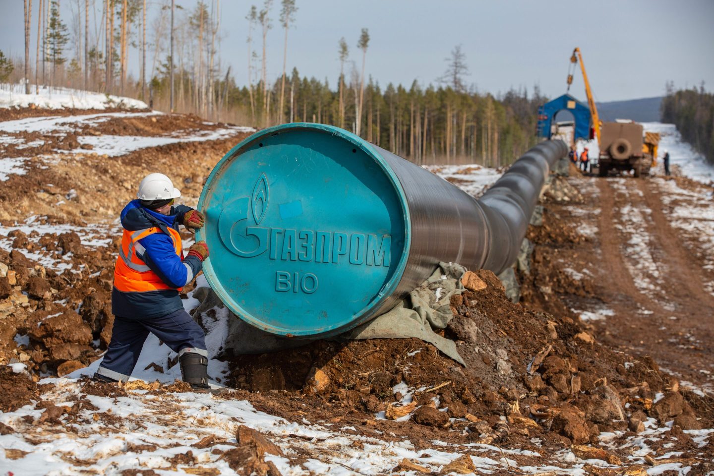 A photo of a Russian oil and gas worker at a Gazprom pipeline in Irkutsk, Russia, on April 6, 2021.
