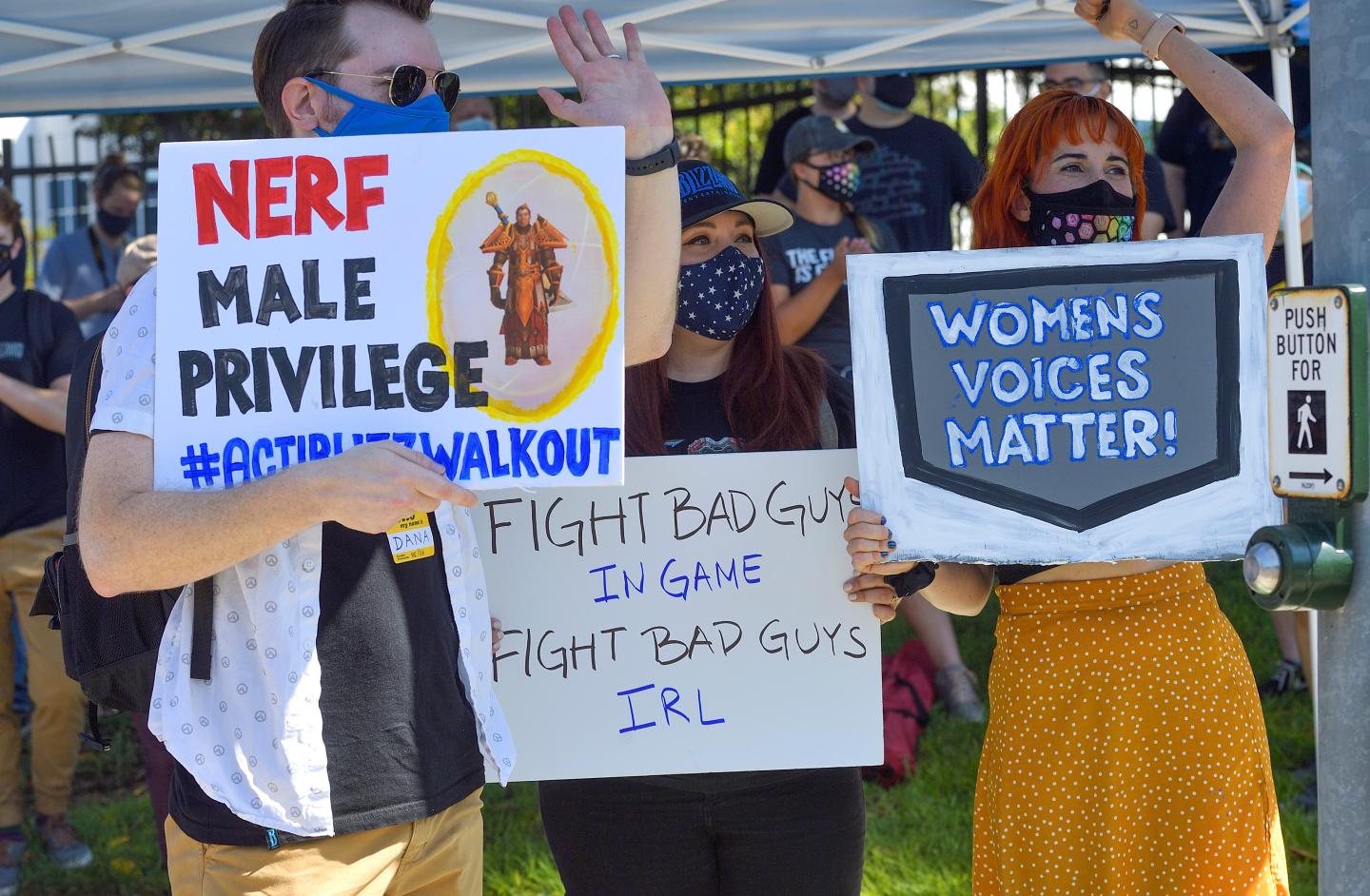A protest outside Activision Blizzard in 2021.
