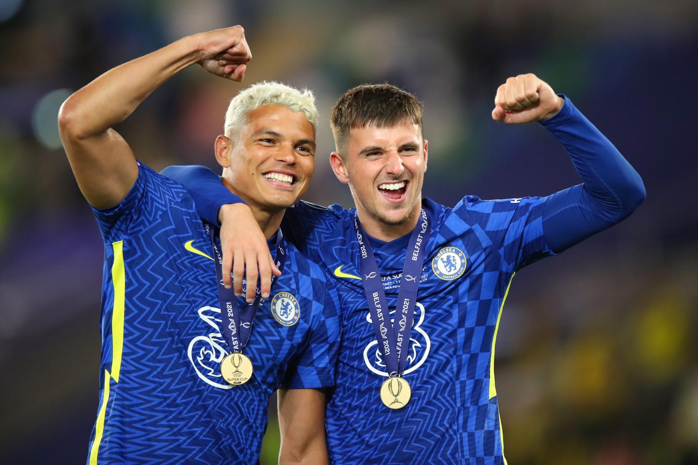 Thiago Silva and Mason Mount of Chelsea celebrate winning the UEFA Super Cup