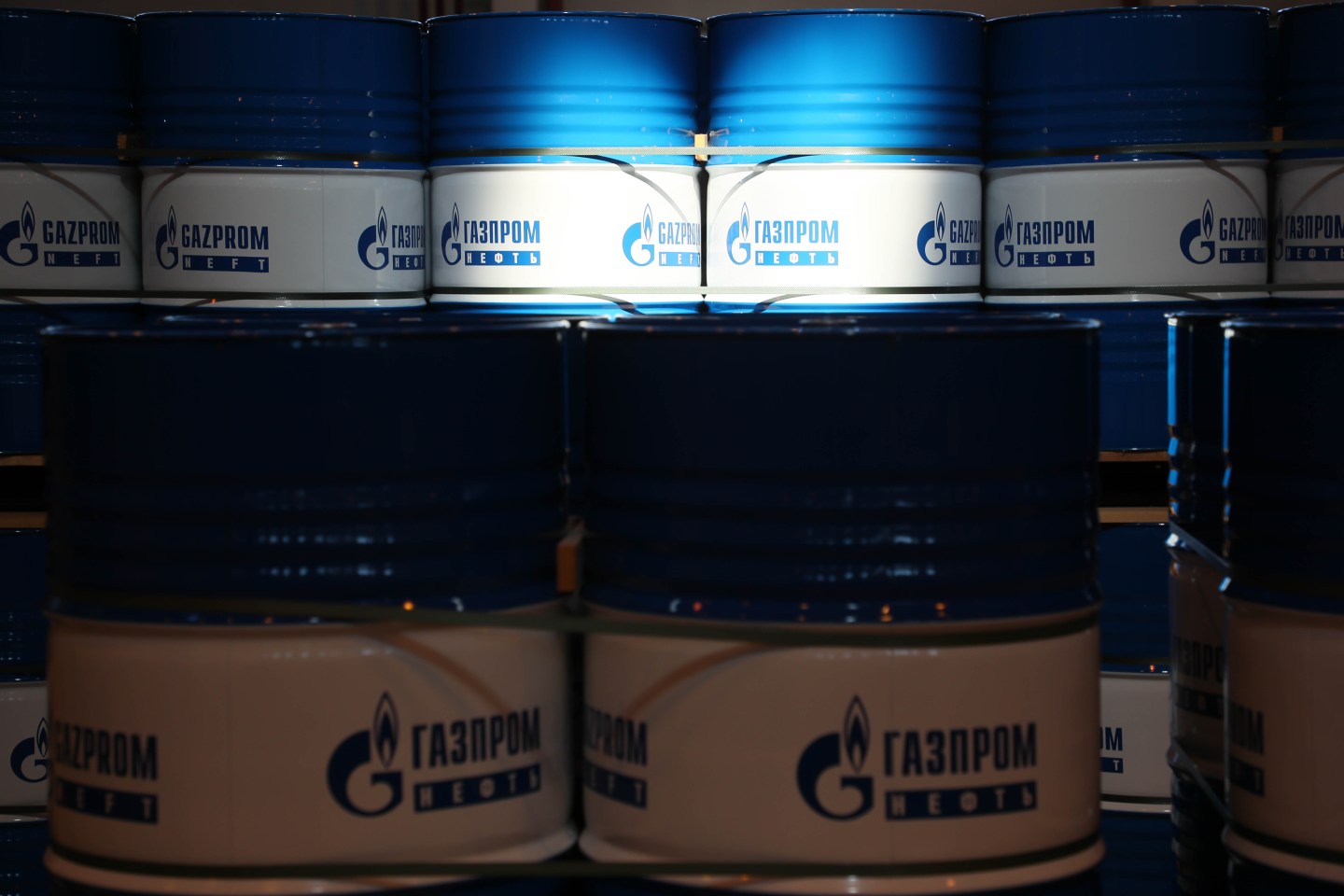 Barrels of motor oil at the Omsk Lubricants Plant. The plant is operated by Gazpromneft-Lubricants, a subsidiary of Gazprom Neft, in Omsk, Russia, on Aug. 5, 2021.