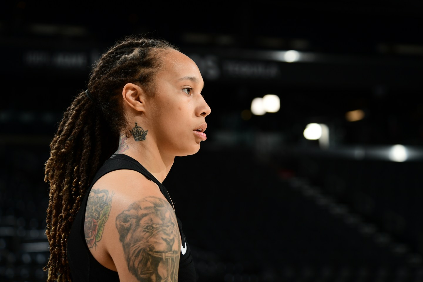 A close up shot of Brittney Griner #42 of the Phoenix Mercury at practice and media availability during the 2021 WNBA Finals on October 11, 2021, at Footprint Center in Phoenix, Arizona.