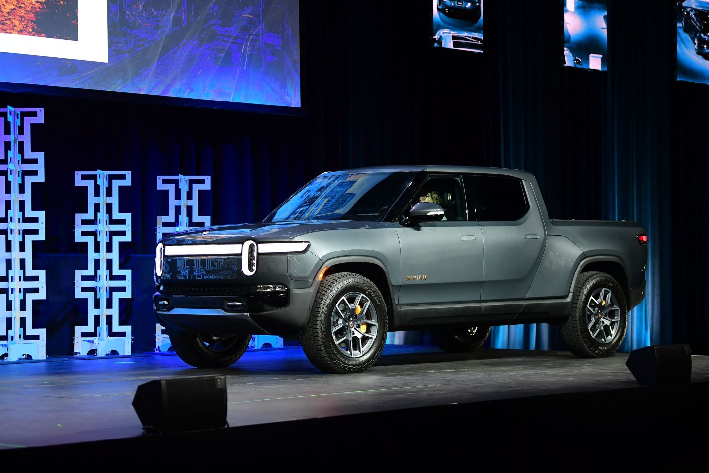 Rivian's R1T takes the stage at the 2021 LA Autoshow in Los Angeles, in November.