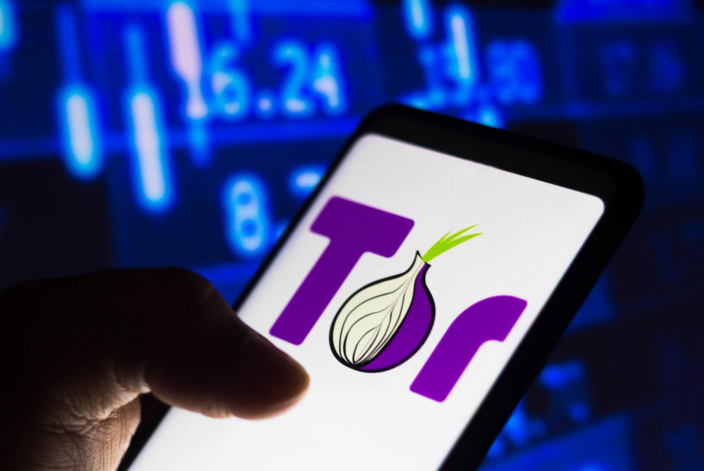 In this photo illustration, a hand is seen holding a smartphone that displays the Tor browser logo.