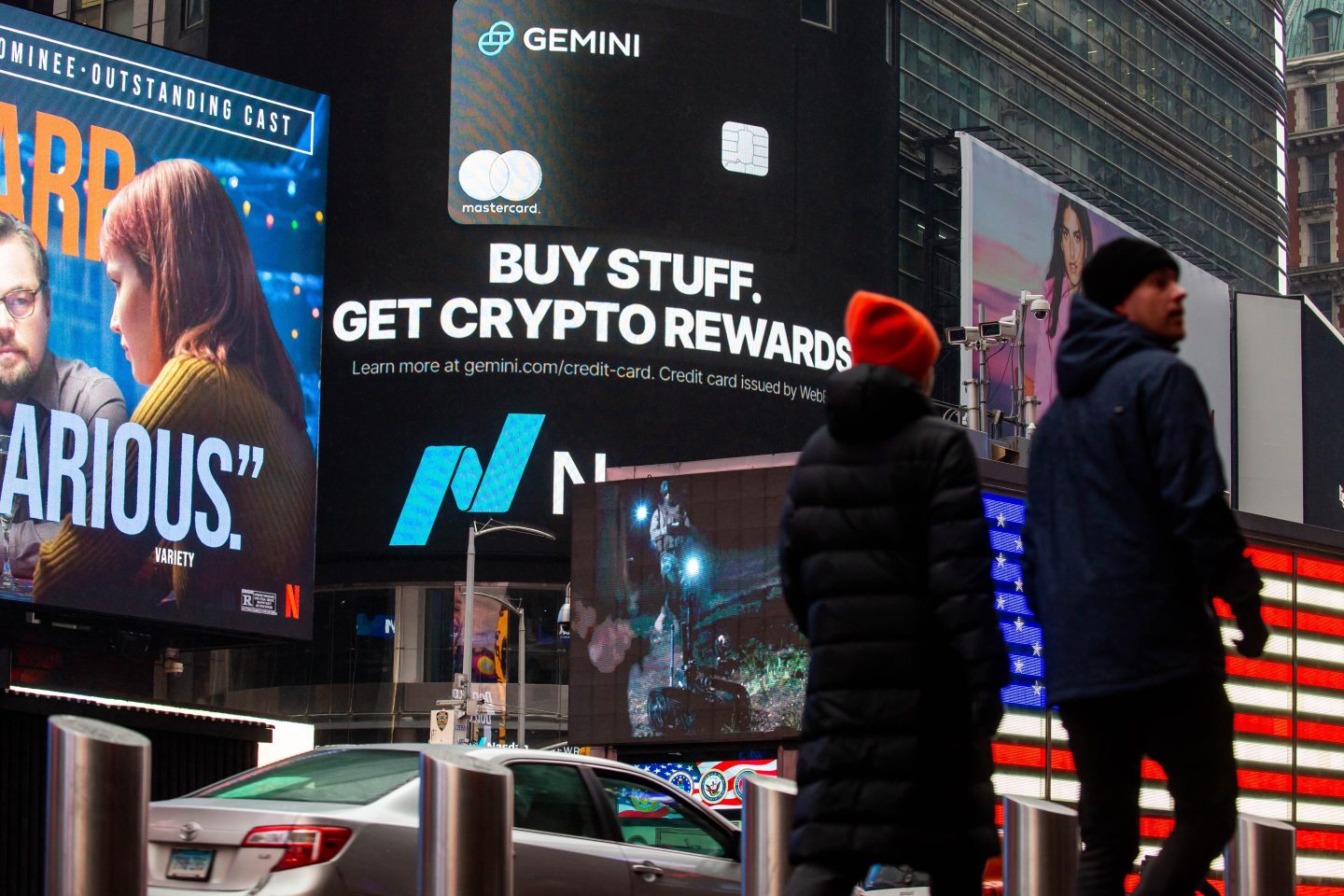 Nasdaq signage in NYC with Crypto ad on it