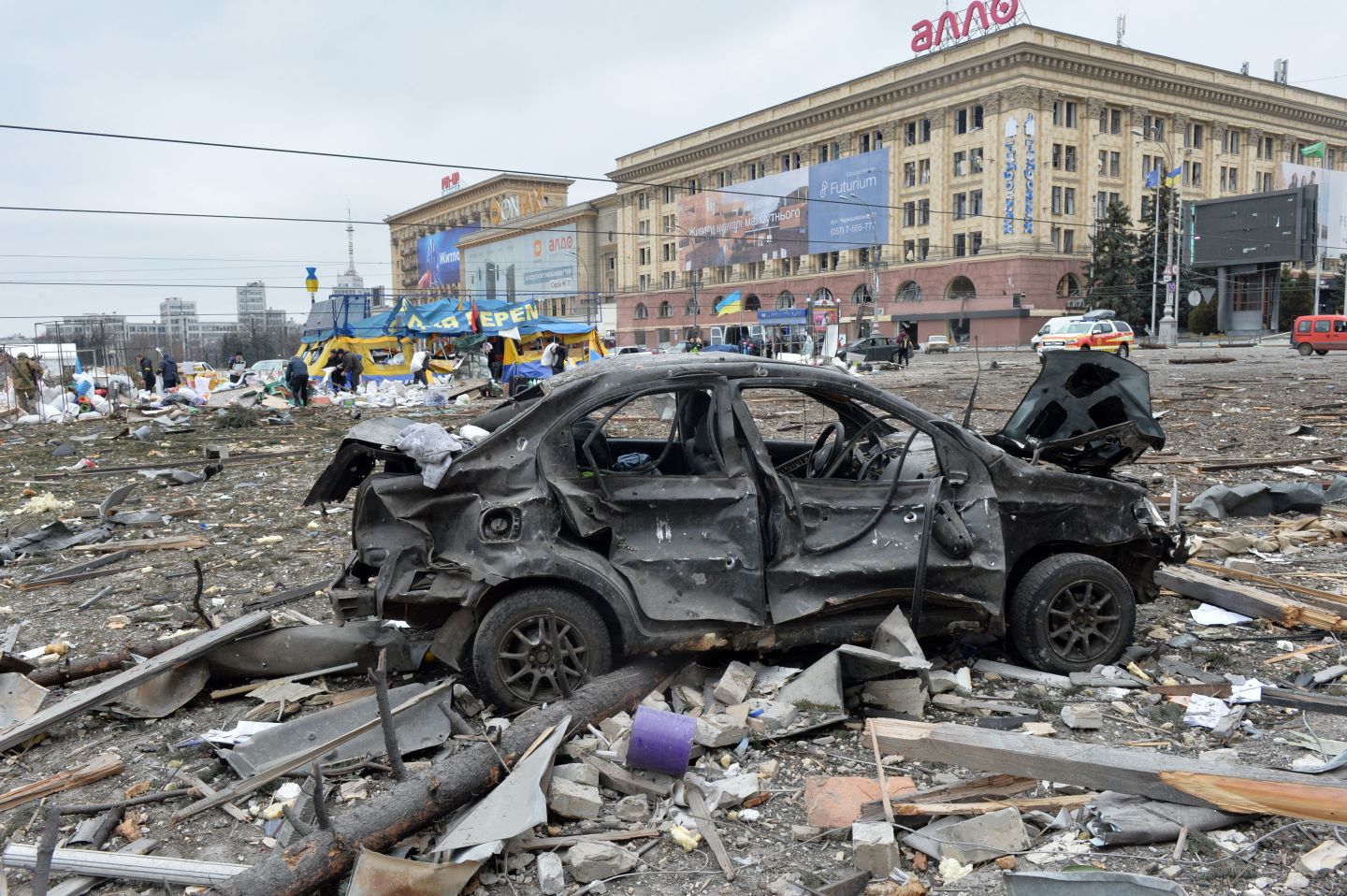 A view of the square outside the damaged local city hall of Kharkiv on March 1, 2022, destroyed as a result of Russian troop shelling.