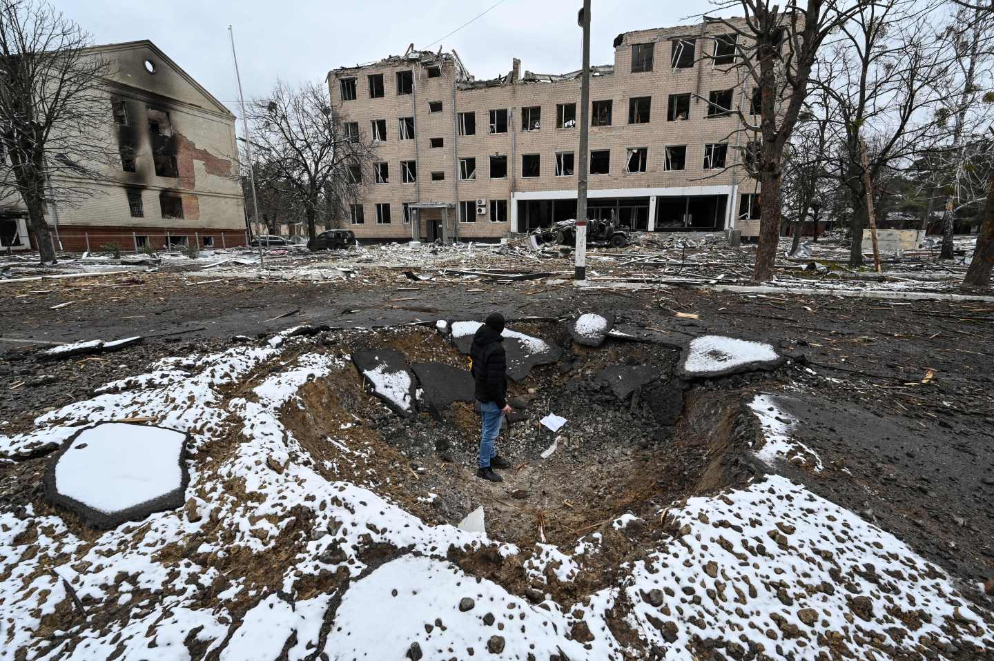 The view of military facility which was destroyed by recent shelling in the city of Brovary outside Kyiv on March 1, 2022.