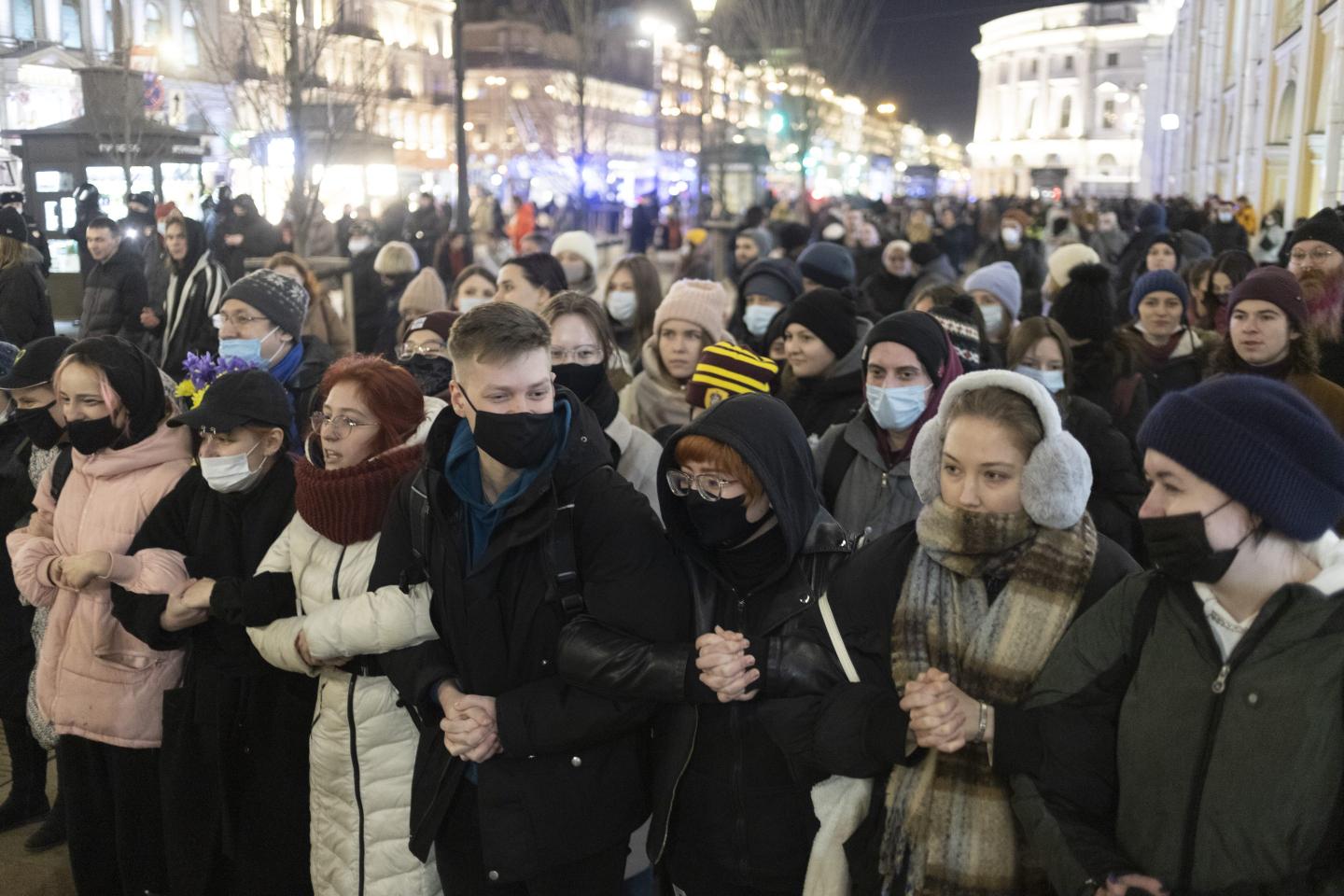 Photo of anti-war protestors gathering in St. Petersburg, Russia on March 1, 2022.