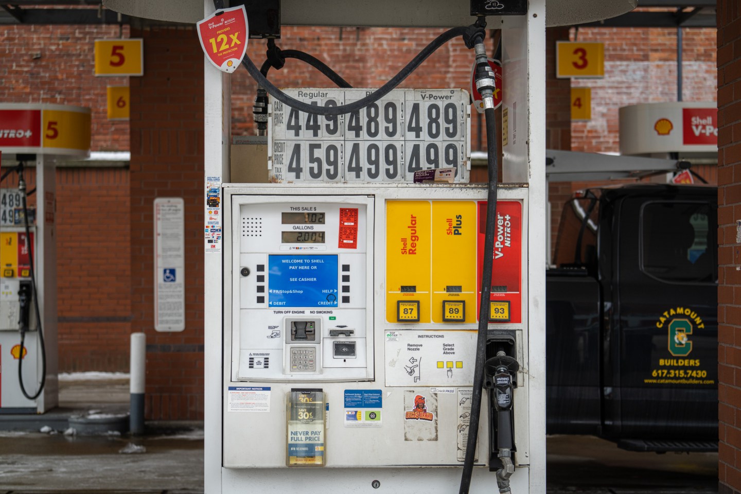 Fuel prices on a pump filling station at a Shell gas station in Boston, Mass., on Tuesday, March 1, 2022. Democratic efforts to define the party's energy policies are facing mounting pressure as surging gasoline prices, Russia's invasion of Ukraine, and the collapse in Congress of President Joe Bidens climate spending package heighten scrutiny of their agenda.