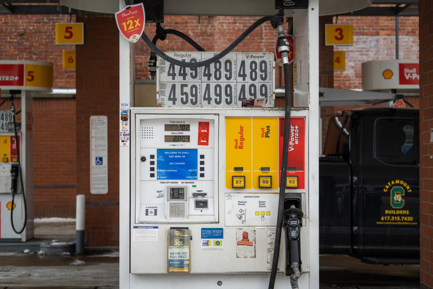 Fuel prices on a pump filling station at a Shell gas station in Boston, Mass., on Tuesday, March 1, 2022. Democratic efforts to define the party's energy policies are facing mounting pressure as surging gasoline prices, Russia's invasion of Ukraine, and the collapse in Congress of President Joe Bidens climate spending package heighten scrutiny of their agenda.
