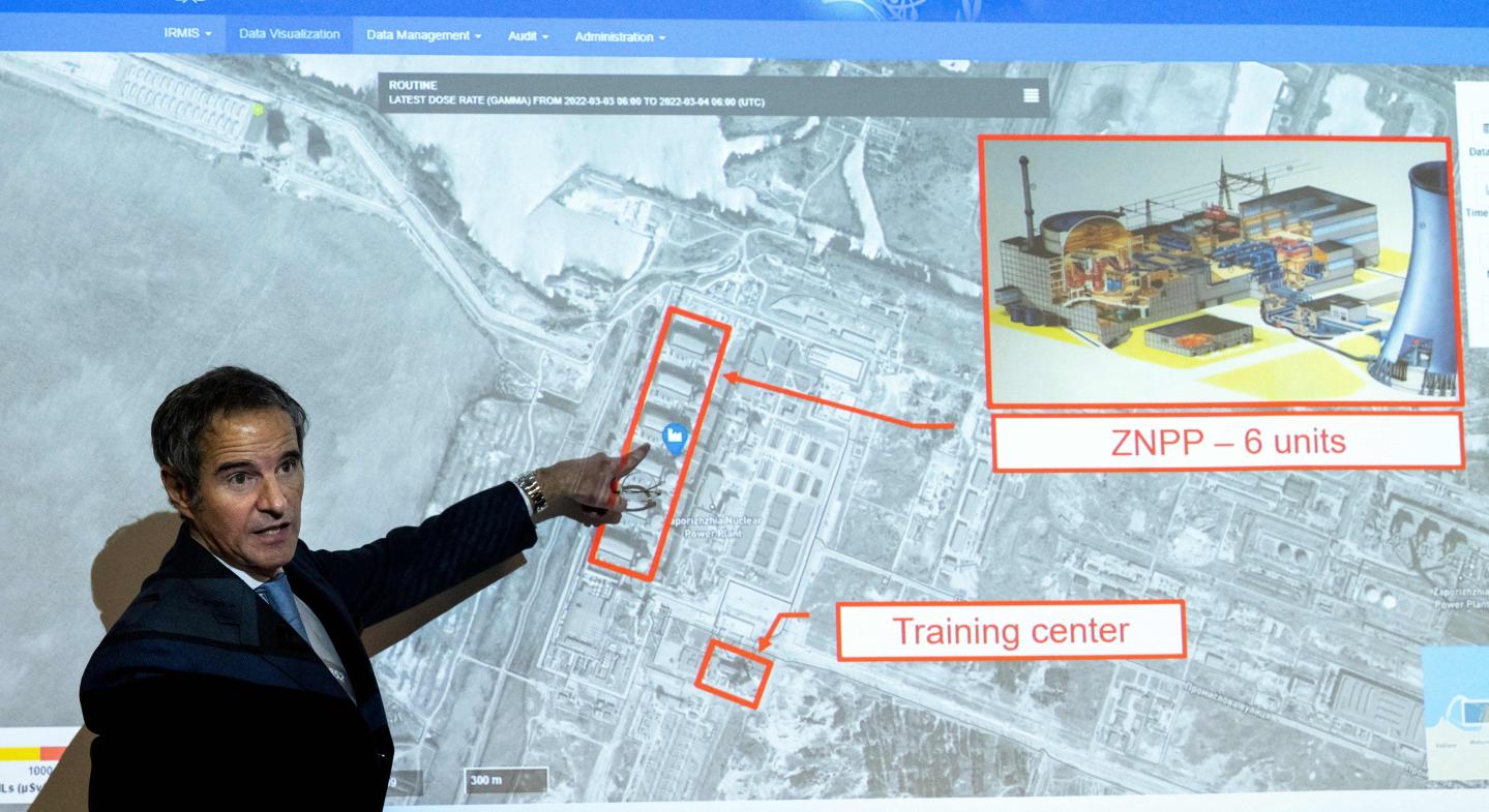 Rafael Grossi, Director General of the International Atomic Energy Agency (IAEA), points on a map of the Ukrainian Zaporizhzhia nuclear power plant as he informs the press about the situation of nuclear powerplants in Ukraine during a special press conference at the IAEA headquarters in Vienna, Austria on March 4, 2022.