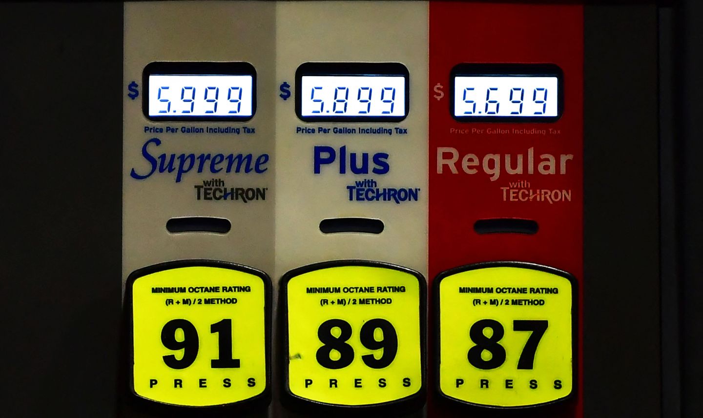 Prices for gas and diesel fuel, over $5 a gallon, are displayed at the pump of a petrol station in Monterey Park, Calif., on March 4, 2022. Californians filling up their cars on March 4 winced at the spiraling cost of gasoline, but largely shrugged as residents of the state that has long had the highest gas prices in the United States.