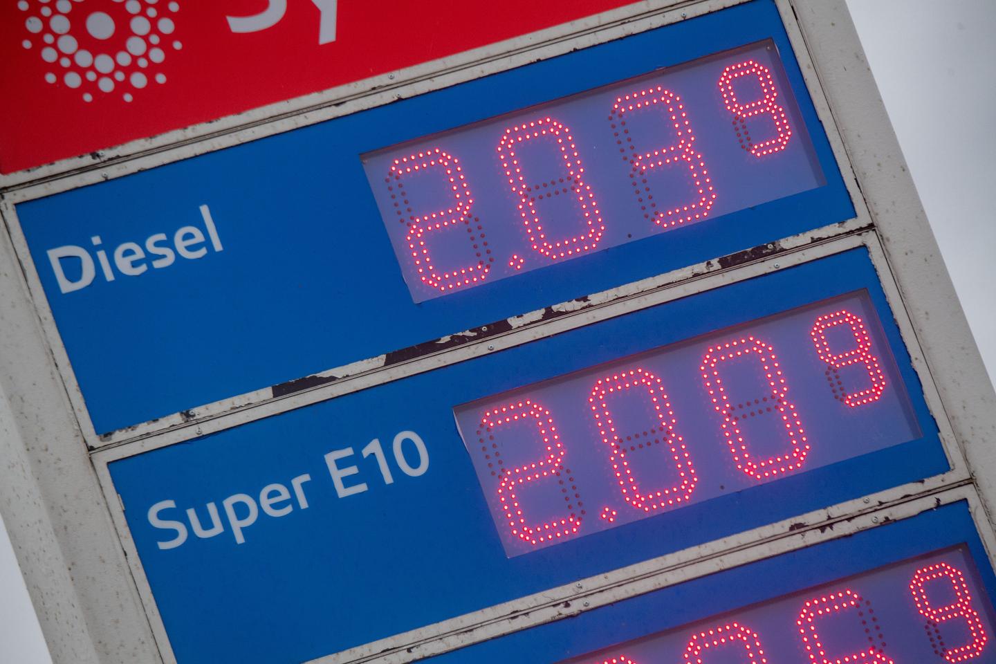 A display panel shows fuel prices at a gas station in Koserow on the island of Usedom. Due to a reduction in VAT on food and fuel, filling up in Poland is significantly cheaper than in Germany.