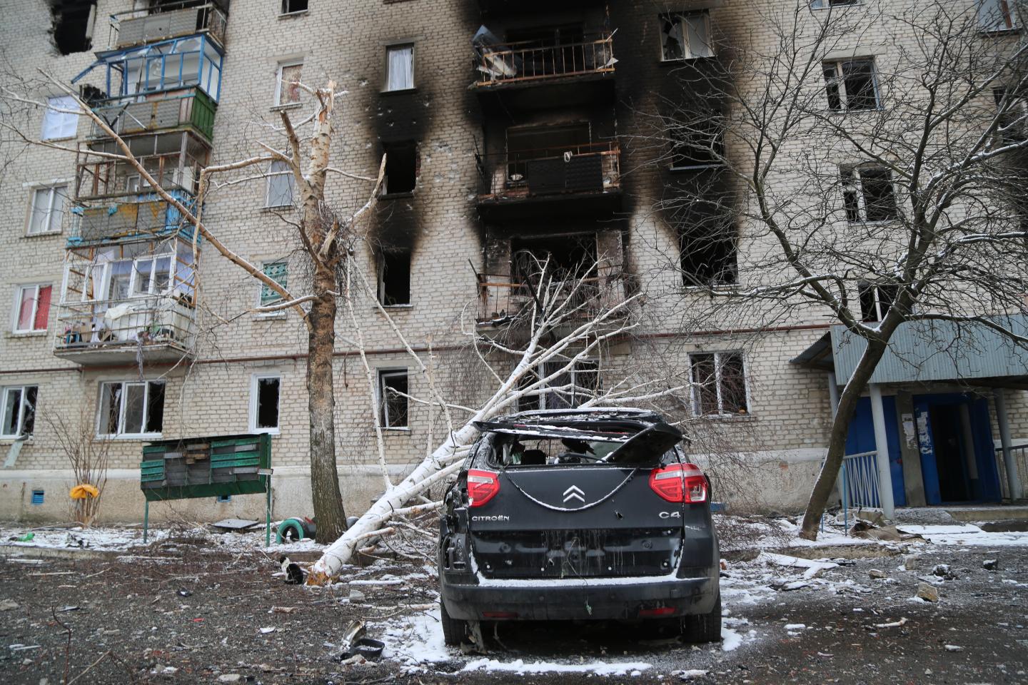A damaged building in Ukraine after a shelling.