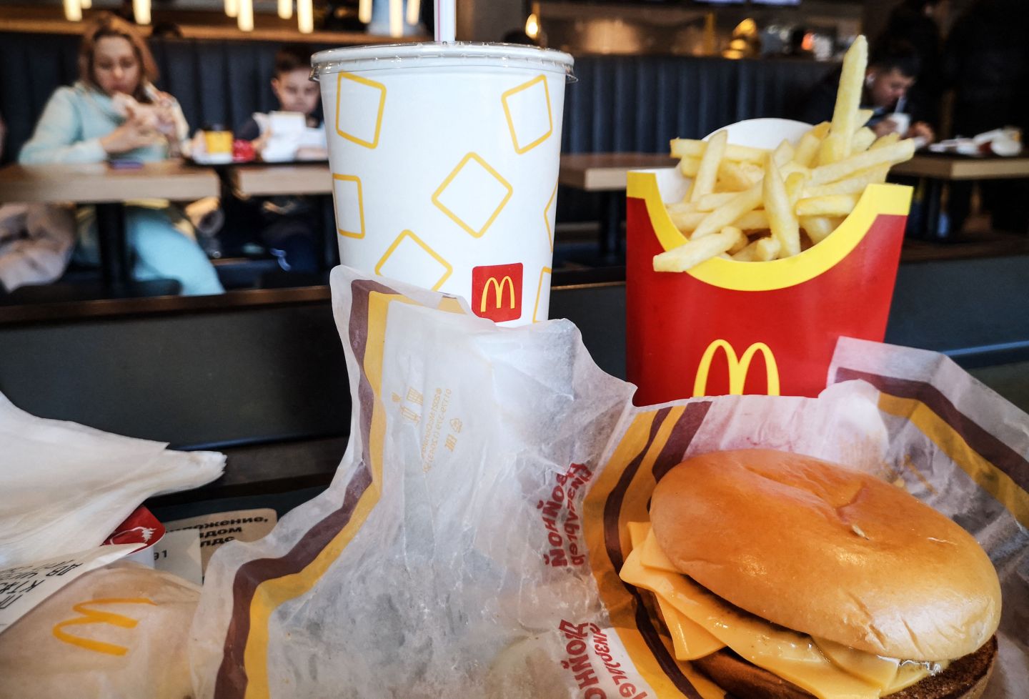 People have a lunch in a McDonald's restaurant in Moscow on March 9, 2022.