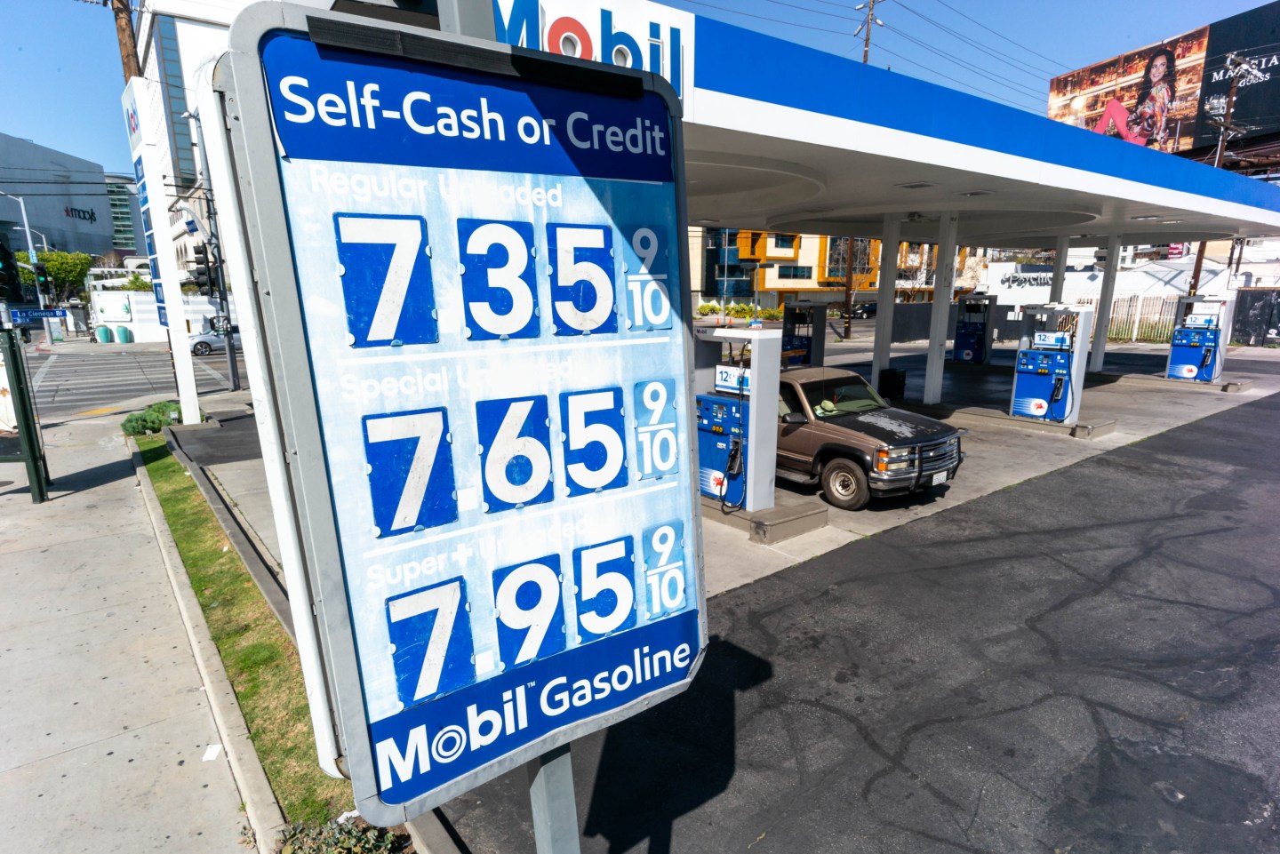 March 10:Gas prices at the Mobile station outside of the Beverly Center in Los Angeles