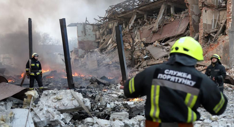 Ukrainian firefighters work to extinguish fires following a Russian airstrike in Dnipro, Ukraine.