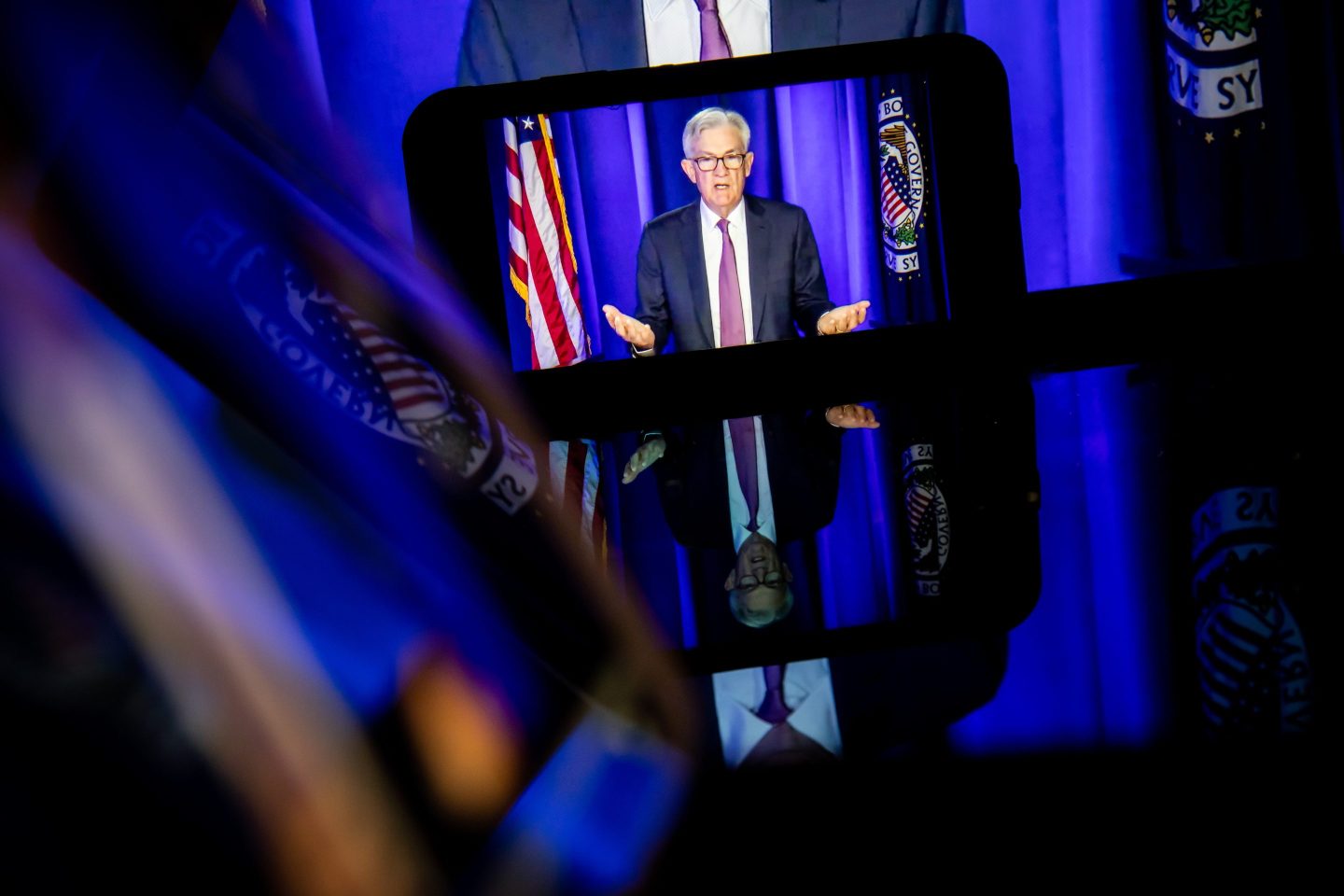 Jerome Powell, chairman of the U.S. Federal Reserve, speaks during a live-streamed news conference following a Federal Open Market Committee (FOMC) meeting in New York, U.S., on Wednesday, March 16, 2022. The Federal Reserve raised interest rates by a quarter percentage point and signaled hikes at all six remaining meetings this year, launching a campaign to tackle the fastest inflation in four decades even as risks to economic growth mount.