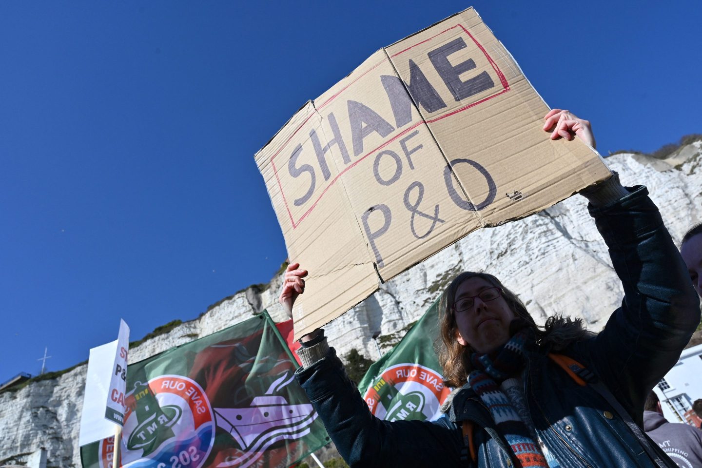 A protest in the U.K. calling out P&O Ferries in Dover
