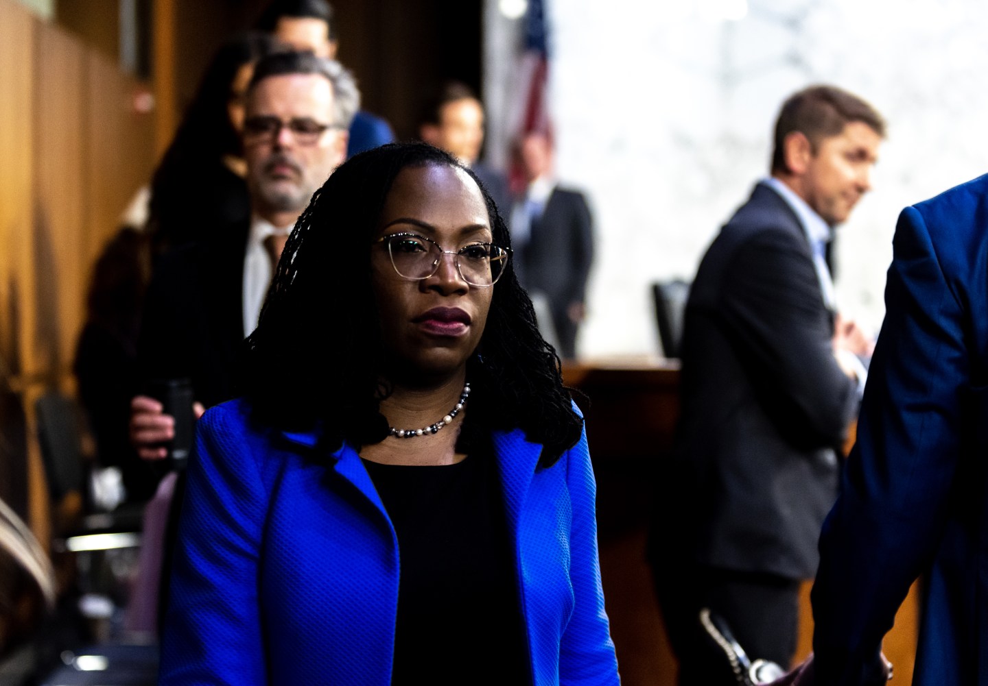 Ketanji Brown Jackson, the U.S. Supreme Court nominee for President Joe Biden, departs a Senate Judiciary Committee confirmation hearing in Washington D.C. on March 23. Jackson had to face a barrage of Republican criticism centering on crime and race, but she is inching closer to becoming the first Black woman on the Supreme Court.