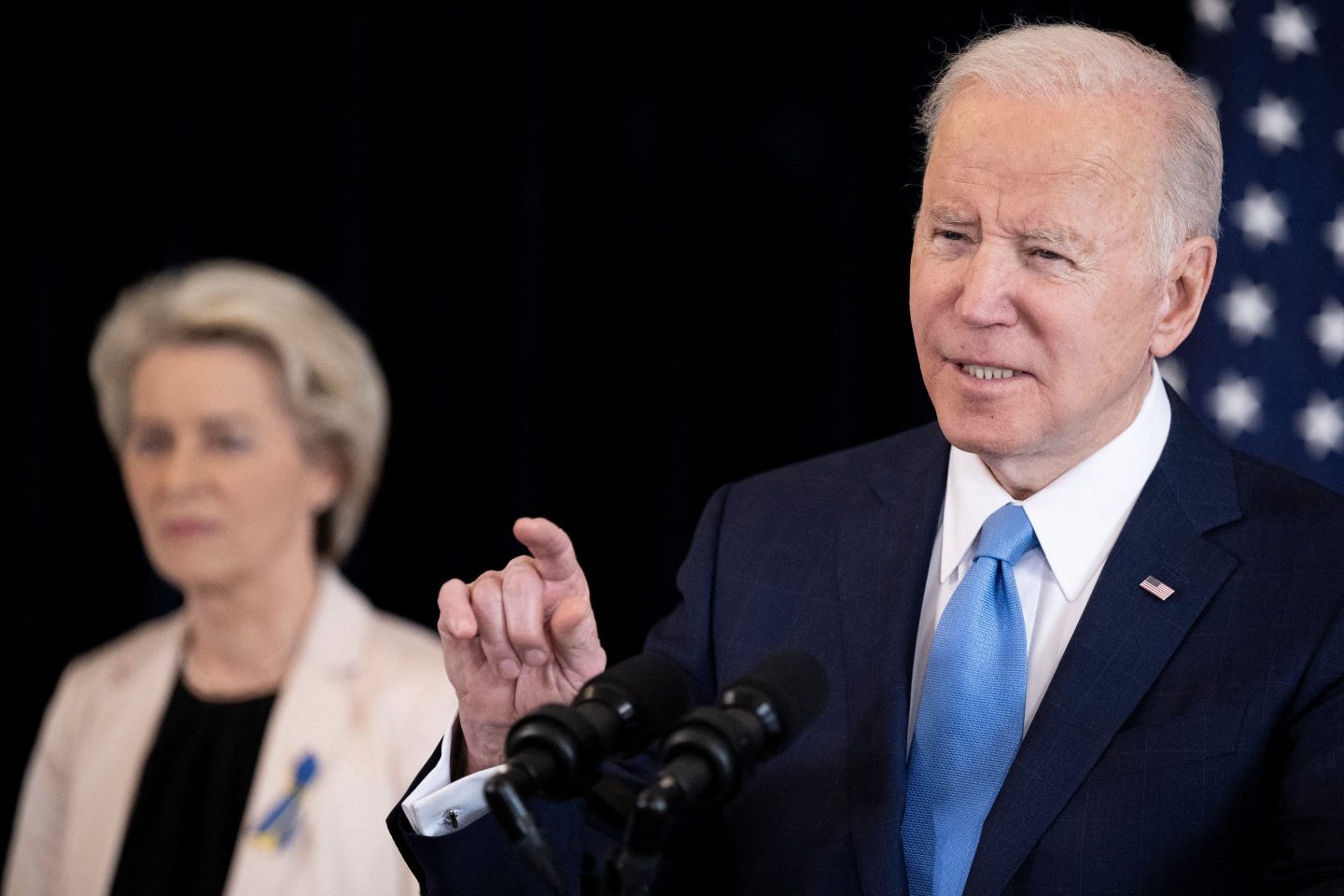 U.S. President Joe Biden speaks in Brussels with European Commission President Ursula von der Leyen