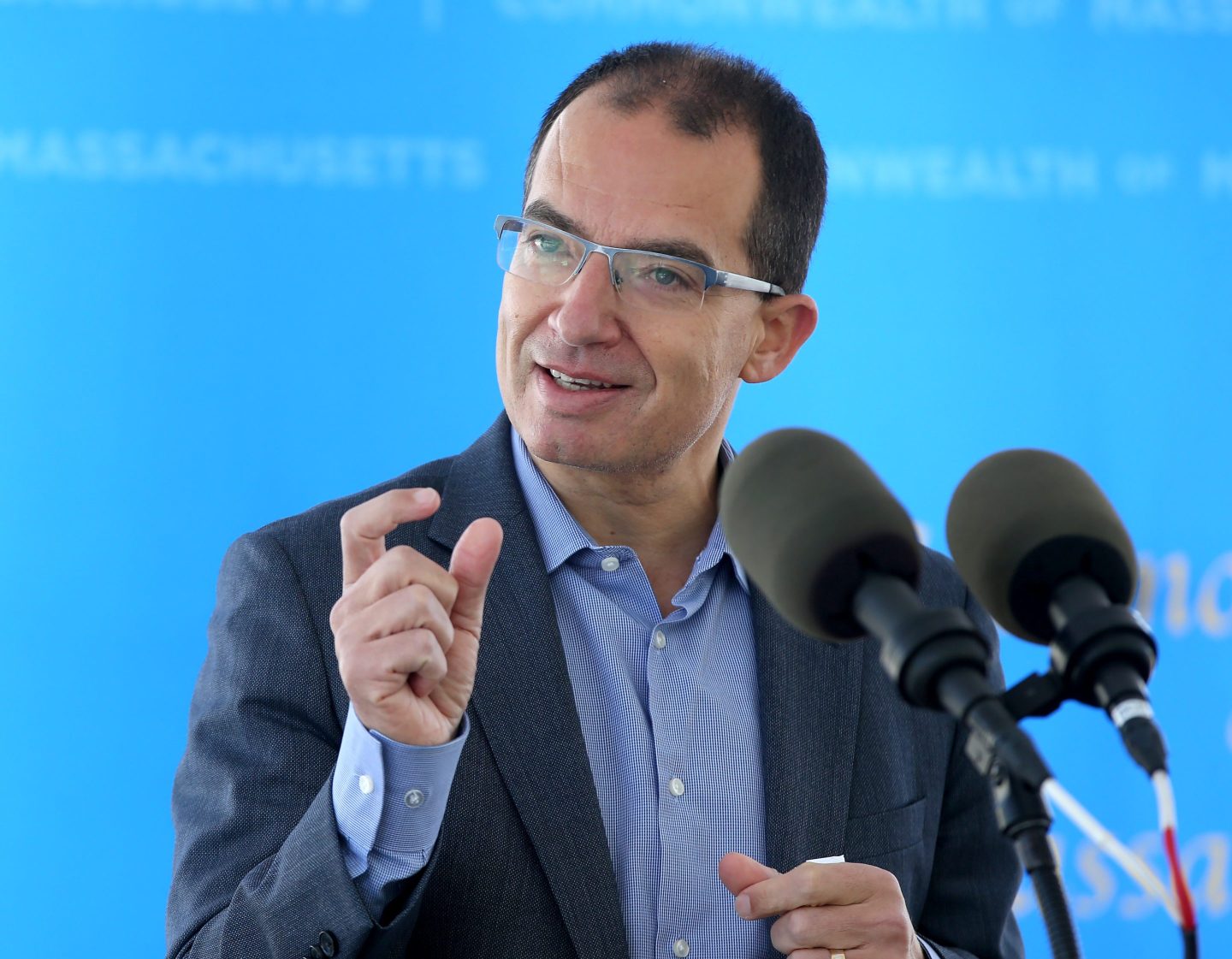 Stephane Bancel, CEO of Moderna, speaks to the media after Gov. Charlie Baker toured the Moderna facility on May 12, 2021 in Norwood, MA.