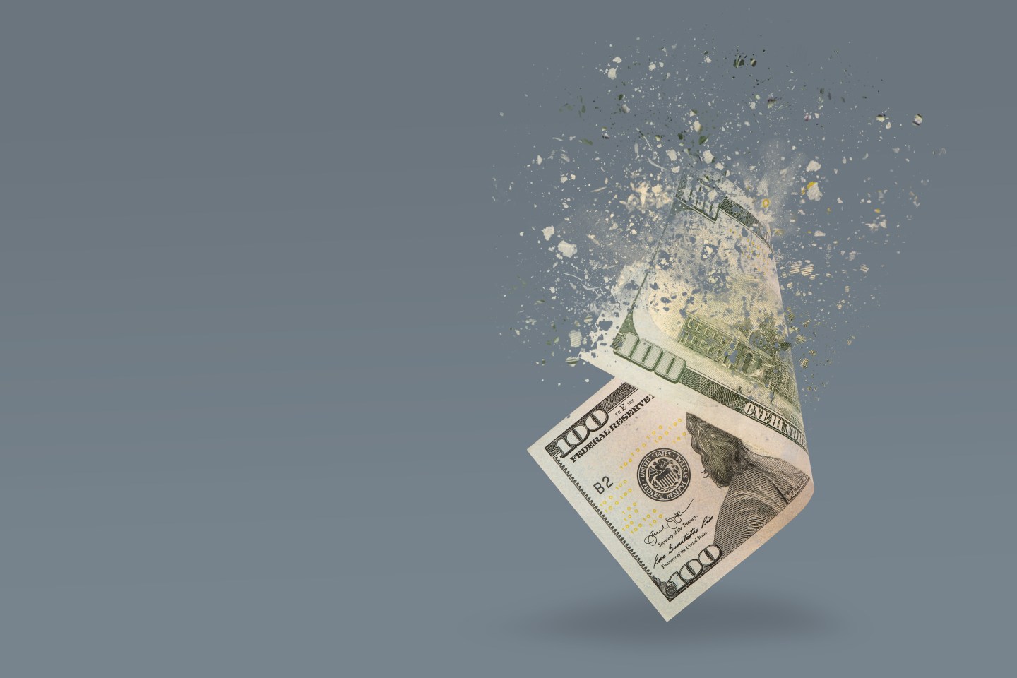 A $100 dollar bill evaporates, an illustration of "stagflation."