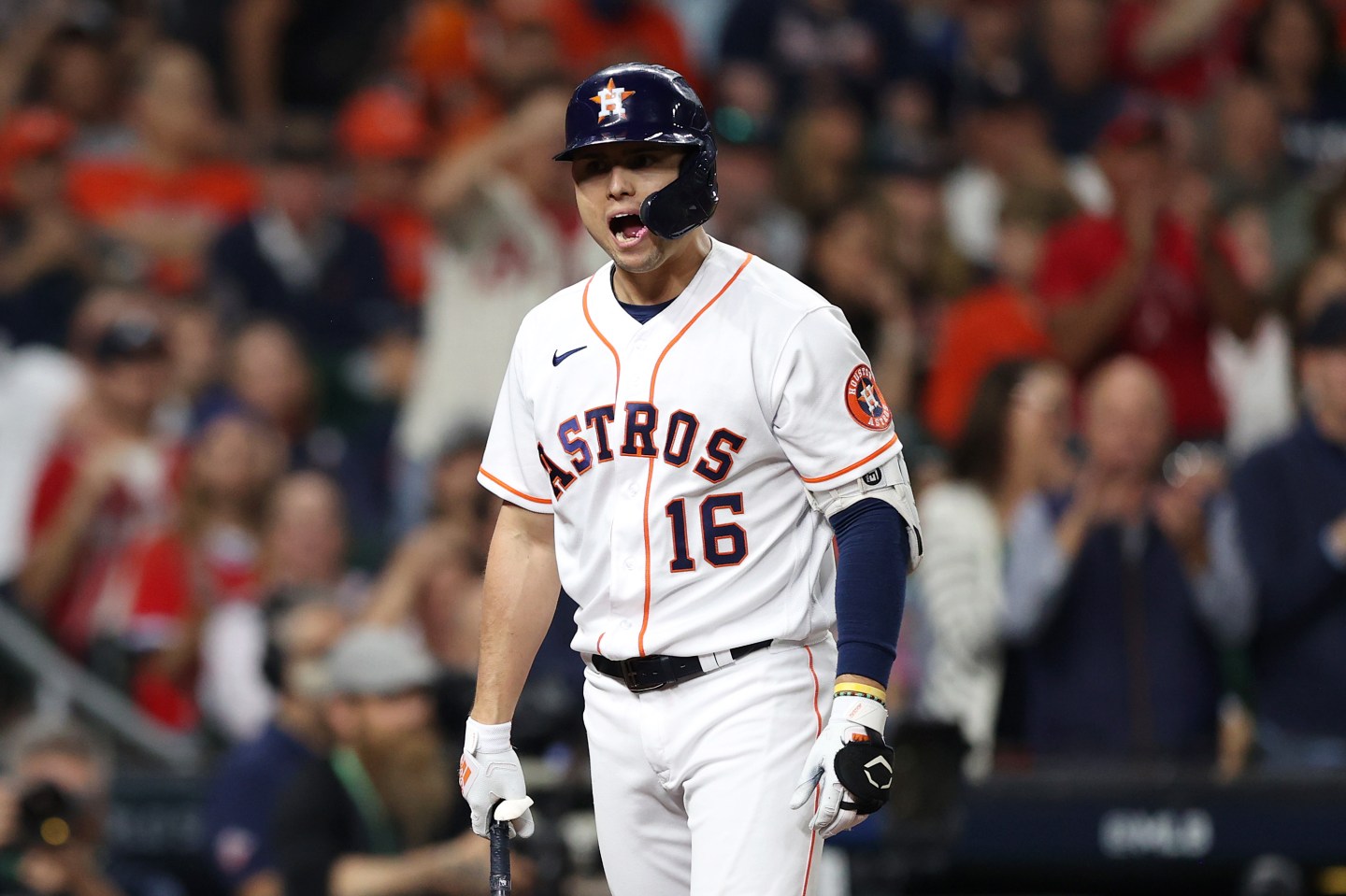 Aledmys Diaz #16 of the Houston Astros reacts after striking out against the Atlanta Braves during the eighth inning in Game Six of the World Series