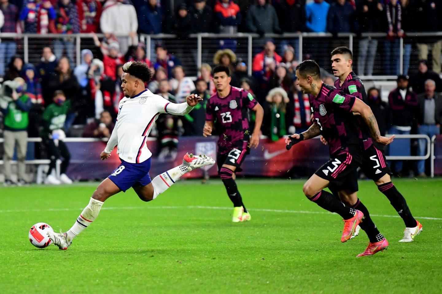 U.S. #8 Weston McKennie shoots and scores a goal during the second half of a FIFA World Cup qualifier against Mexico at TQL Stadium on Nov. 12, 2021, in Cincinnati, Ohio.