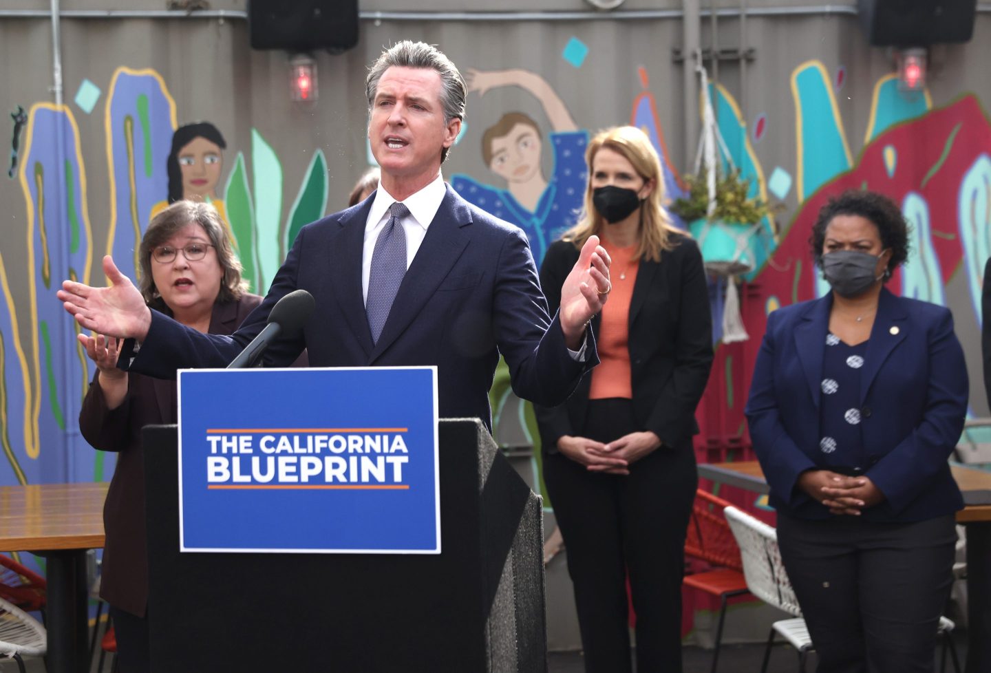 California Governor Gavin Newsom speaks to crowd