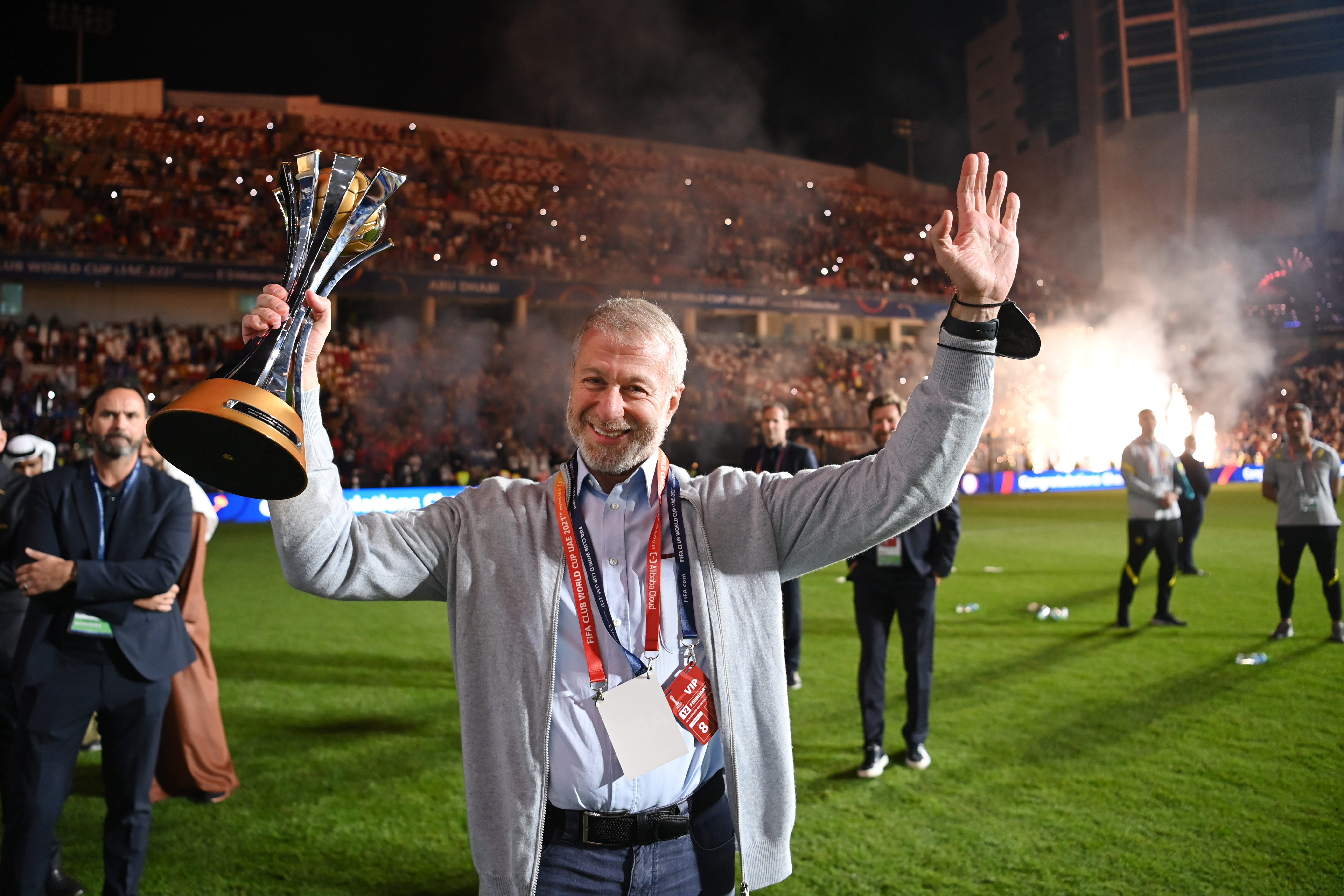 Roman Abramovich, Owner of Chelsea celebrates with The FIFA Club World Cup trophy following their side's victory during the FIFA Club World Cup UAE 2021 Final match between Chelsea and Palmeiras at Mohammed Bin Zayed Stadium on February 12, 2022 in Abu Dhabi, United Arab Emirates. 