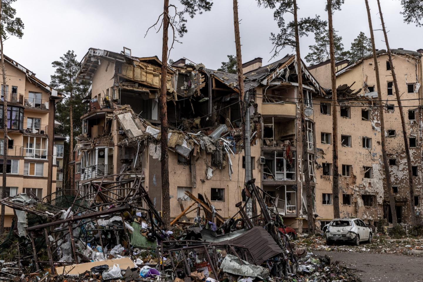 Destroyed buildings on March 3, 2022, in Irpin, Ukraine