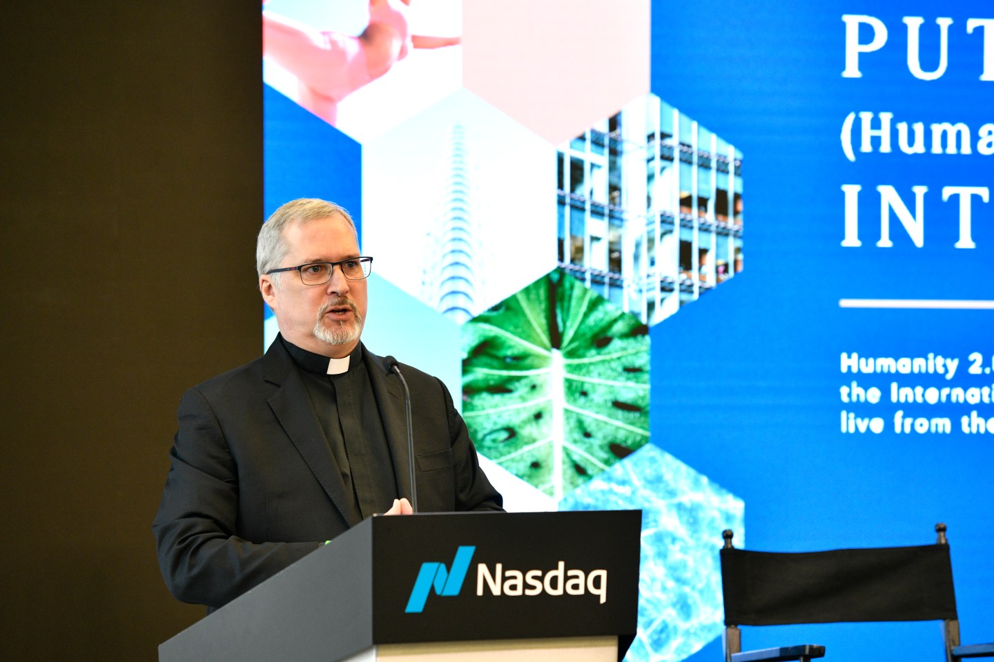 Father Philip Larrey, Vatican dean of philosophy, pontifical Lateran University, Vatican City, chairman of Humanity 2.0, speaks as Humanity 2.0 Foundation and International WELL Building Institute present Putting "H" (Humanity and Health) Into ESG at NASDAQ MarketSite on Feb. 28 in New York City.