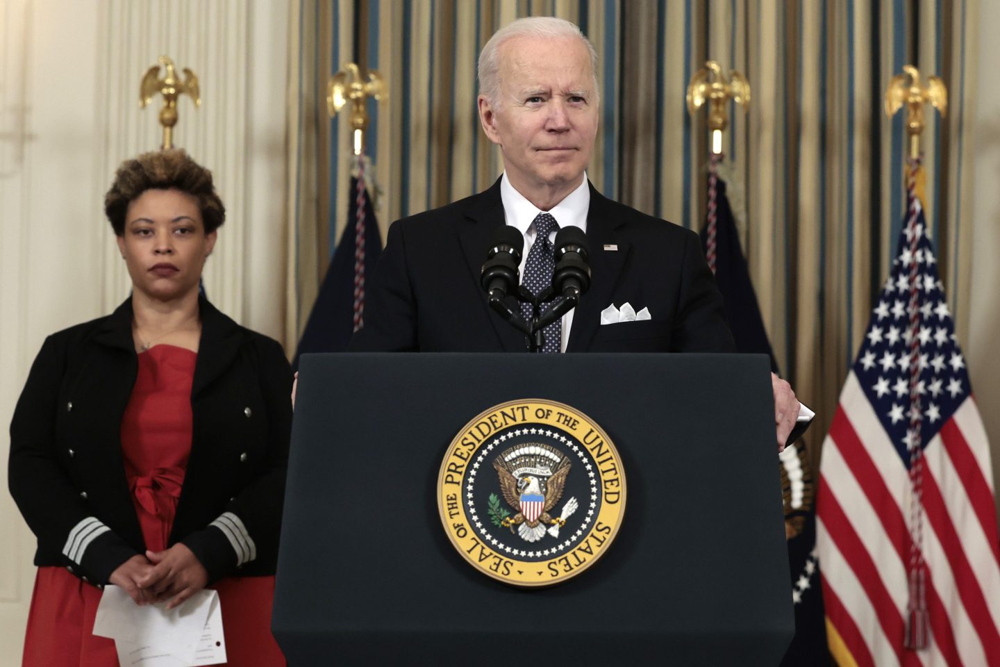 President Biden speaks to the press at a podium